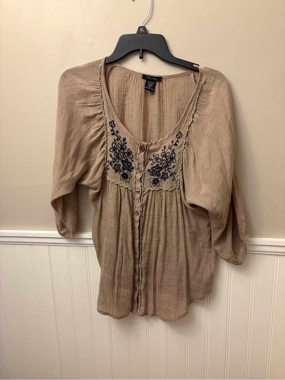 Tan Embroidered Button-Front Peasant Blouse